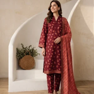 Maroon Printed 3 Piece Suit for Women