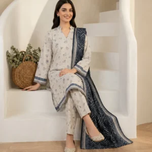 White Floral Printed 3 Piece Suit with Navy Blue Dupatta for Women