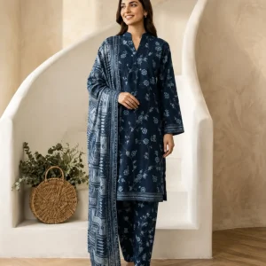 Dark Blue Printed 3 Piece Suit with Printed Dupatta for Women