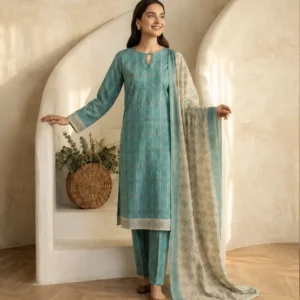 Sea Green Printed 3 Piece Suit with Cream Dupatta for Women