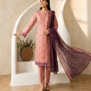 Peach Printed 3 Piece Suit with Purple Dupatta for Women