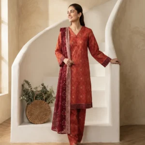 Rust Orange Printed 3 Piece Suit with Maroon Dupatta for Women