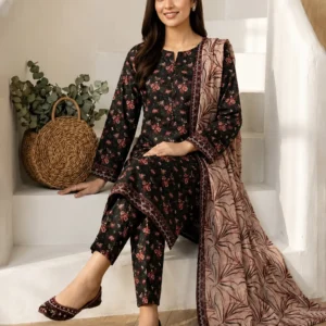 Black Floral Printed 3 Piece Suit with Beige Dupatta for Women