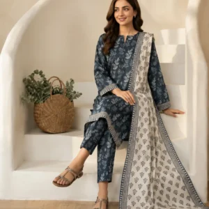 Dark Blue Printed 3 Piece Suit with Cream Dupatta for Women