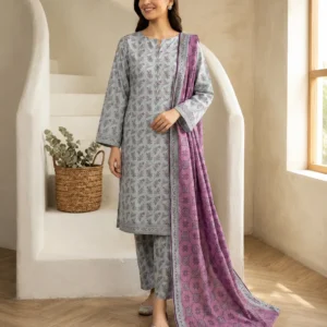 Grey Printed 3 Piece Suit with Purple Dupatta for Women