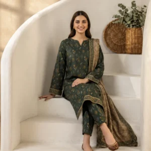 Dark Green Printed 3 Piece Suit for Women