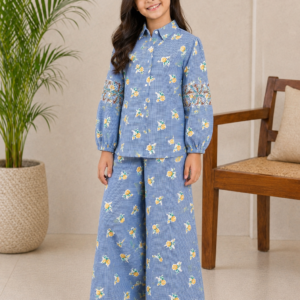 Blue Floral Printed Shirt & Trouser Set for Girls