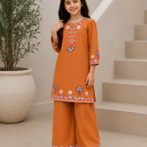 Orange Embroidered 2 Piece Suit for Girls