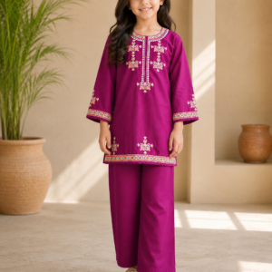 Magenta Embroidered 2 Piece Suit for Girls