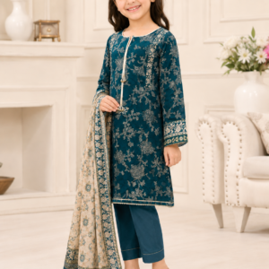 Teal Blue Embroidered 3 Piece Suit for Girls