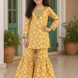 Mustard Floral Printed Sharara Suit for Girls