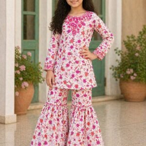 Cream Floral Printed Sharara Suit for Girls