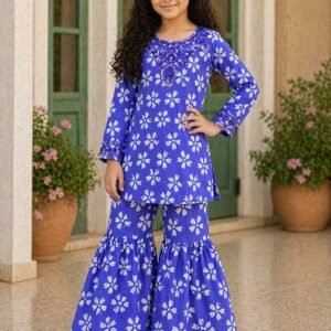 Blue Floral Printed Sharara Suit for Girls