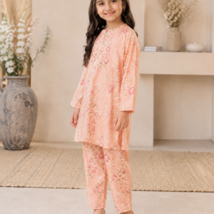 Peach Floral Printed Kurta Trouser Set for Girls