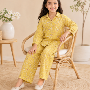 Yellow Floral Printed Shirt & Trouser Set for Girls